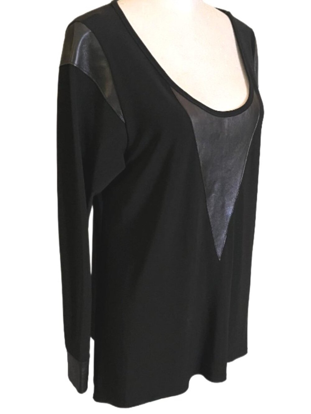Natto Black Faux Leather Trim Scoop Neck Long Sleeve Blouse Top  Size Medium